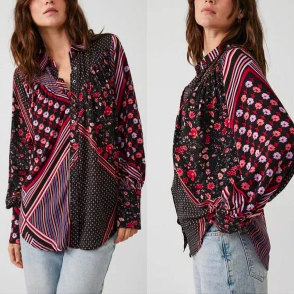 Free People Hazel Patchwork Button Down Blouse